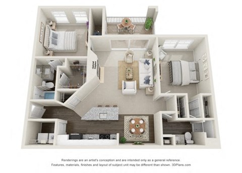 Floor plan for 2 beds, 2 baths, 1147 sqft